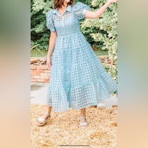 English Factory Blue Grid Pattern Midi Dress